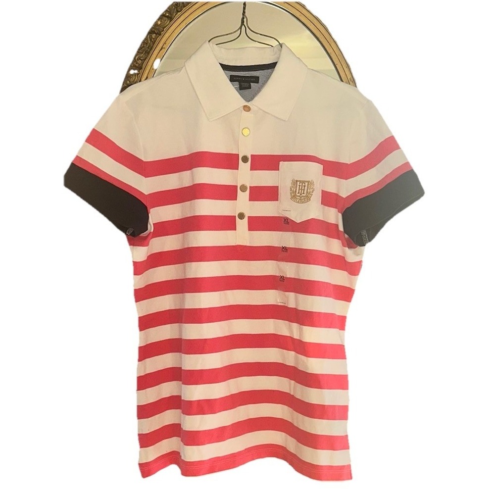 Vintage Tommy Hilfiger Short Sleeve Pink Striped Preppy Polo Shirt Top Size‎ XL